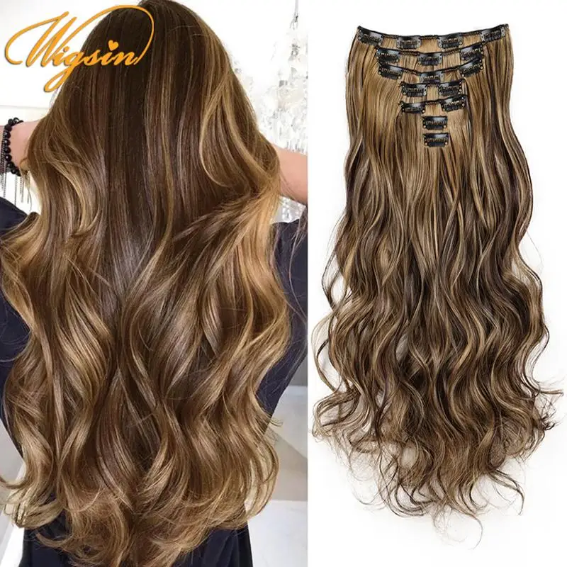 WIGSIN 24Inch 7pcs/set Synthetic Hair Extension Long Curly 16Clips Heat Resistant Black Blonde Hairpiece for Women