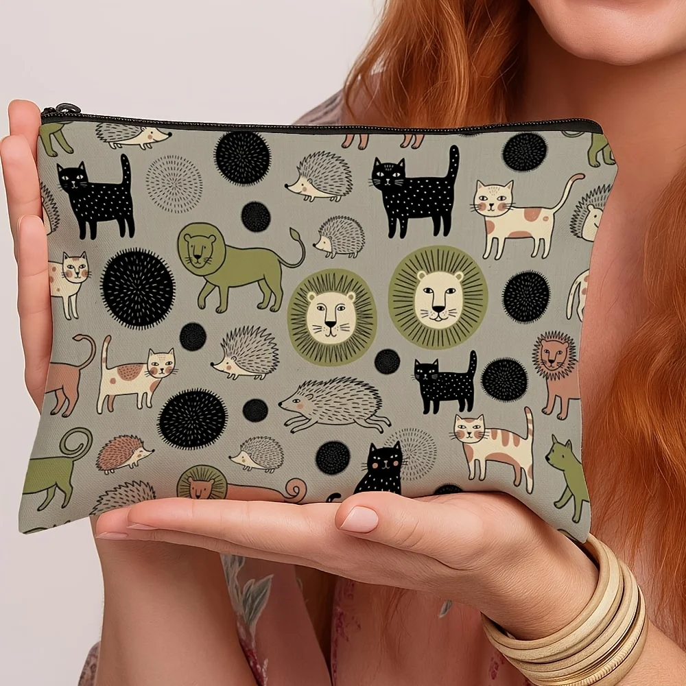 Cute Cartoon Animal Zipper Pouch Lion Cat Hedgehog Print Cosmetic Makeup Storage Bag Travel Coin Purse Gift For Animal Lovers