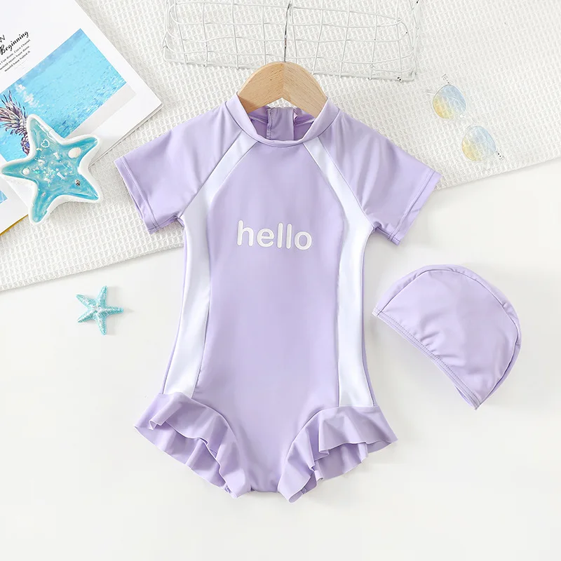 Baby Girls One-piece Swimsuit Kids Letter Print Sun-protective Short Sleeve Quick-Dry Triangle Swimwear Toddler Bathing Suit