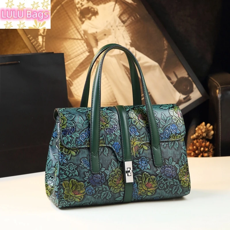 

Luxury Fashion Women Handbags Mom Large Capacity Tote Bag Genuine Leather Retro Embossed flowers Shoulder Messenger Bags