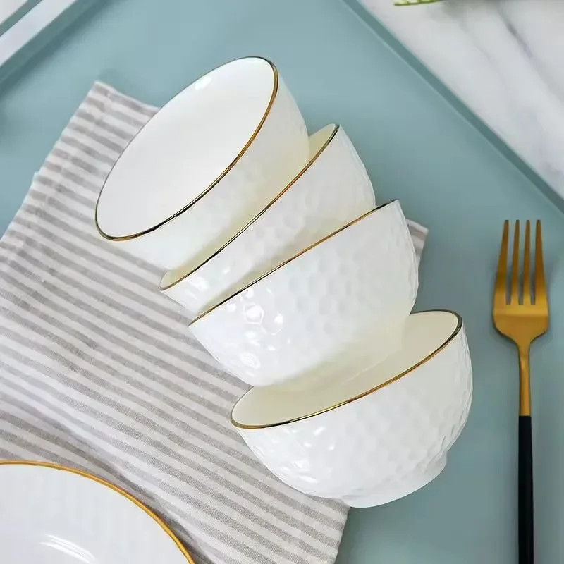 4pcs Gold Trim Rice Bowl Bone China Food plate set Ramen bowl Japanese Style Dinner plates Ceramic Deep Disk Embossment Cutlery