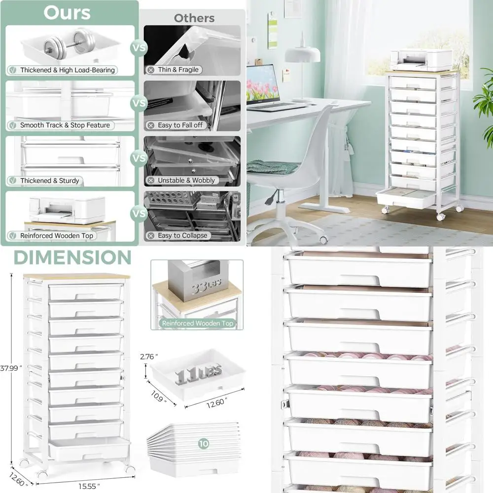 

10-Drawer White Rolling Storage Cart with Wooden Top for Classroom and Craft Organization