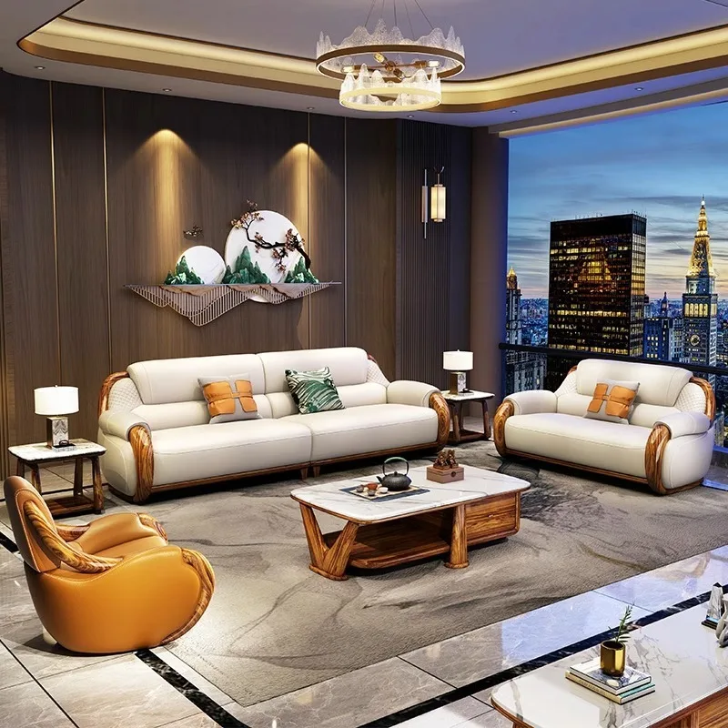 New Chinese ebony sofa, modern simple solid wood villa living room size first-layer cowhide combination
