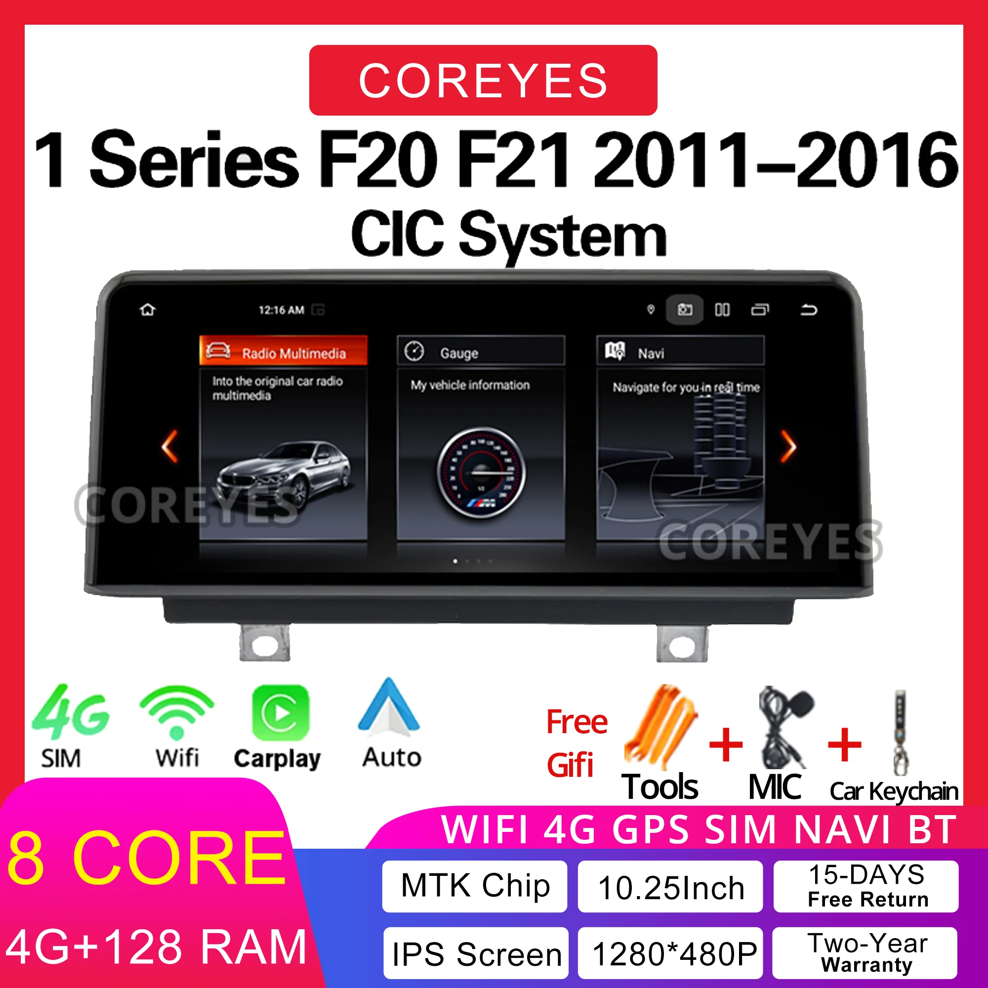 

COREYES 10.25 Inch Car Radio Multimedia For BMW 1 2 Series F20 F21 2011-2016 NBT GPS Screen Player Carplay Head Unit Android 12