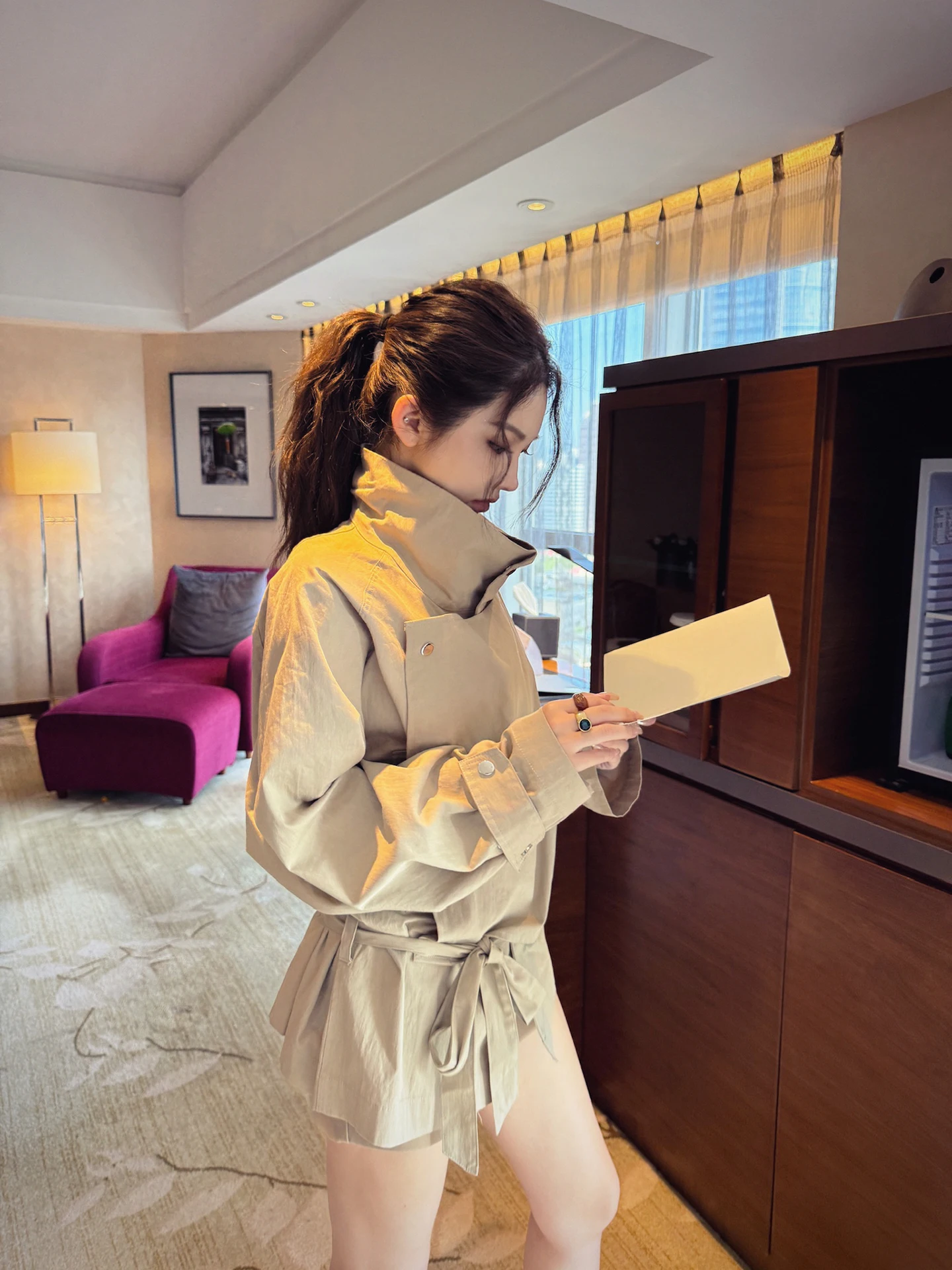 

PiRui Sydney Holiday Women's Double-Breasted Belted Jaet Ele Outerwear Long Sve Collar Cotton 00% Commute Sle