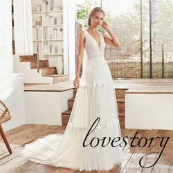 Bohemian Sexy Deep V Neck Wedding Dresses A Line Floor Length Bride Robes Sleeveless Tulle Bridal Gowns Lace 웨딩드레스