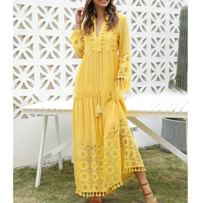 

Casual Solid Color Women's Summer Long Dress Spring Autumn V Neck Long Sleeve Sundress Holiday Maxi Dresses Floral Pattern Lace