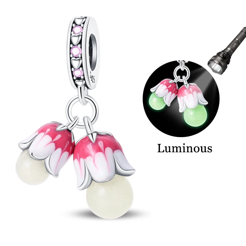 925 Sterling Silver Pink Lily Of The Valley Charms Pendant Fit 3mm Original Bracelet DIY Women Exquisite Party Jewelry Gifts