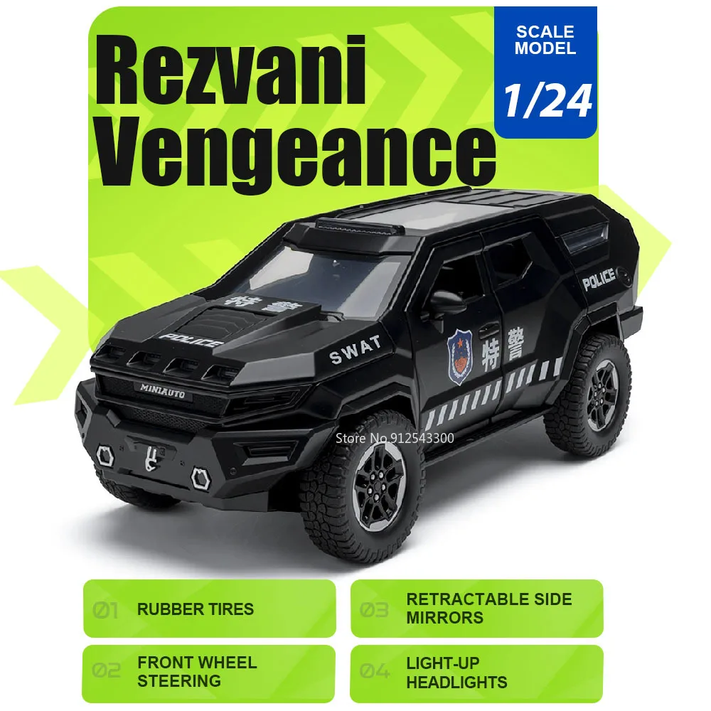 

Машинка-модель Rezvani Vengeance Spinosaurus Riot Police 1:24 с музыкой, светом и поворотными колесами, модель спецназа для детских подарков