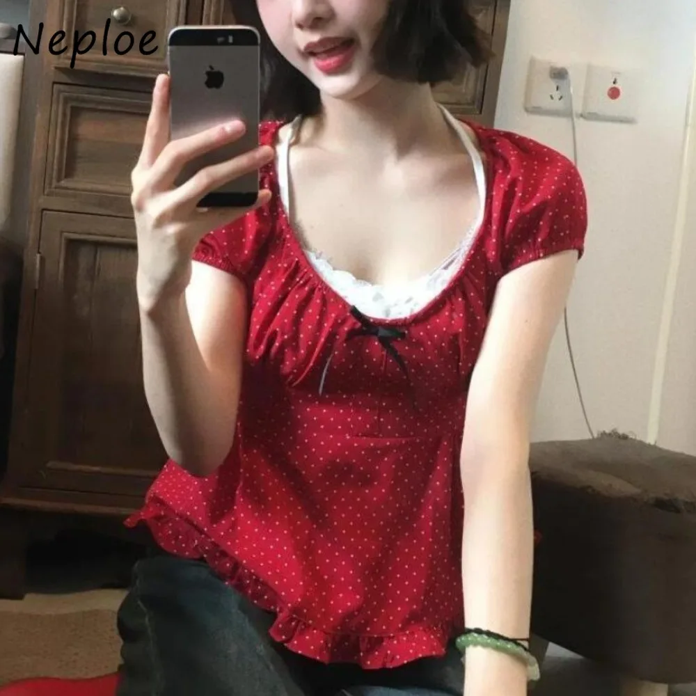 

Neploe Chiffon Sweet Cute Bow Drawstring Ropa Mujer Print Slim Spice Girls Polka Dot Fungus Tops Unique Literary Exquisite Shirt