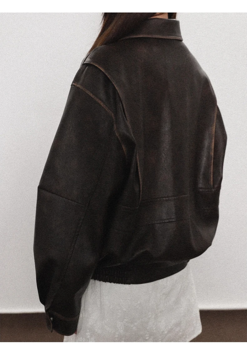 Lautaro Spring Autumn Cool Handsome Soft Vintage Distressed Brown Pu Leather Jacket Women Long Sleeve Luxury Designer Clothing
