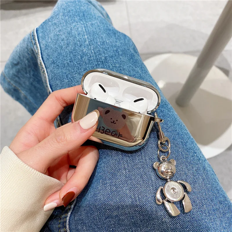 Electroplated Mirror Bear Earphone Case with Chain for Apple Airpods Pro 3 Case for Airpods 3 3rd Generation Air Pod 2 1 Case