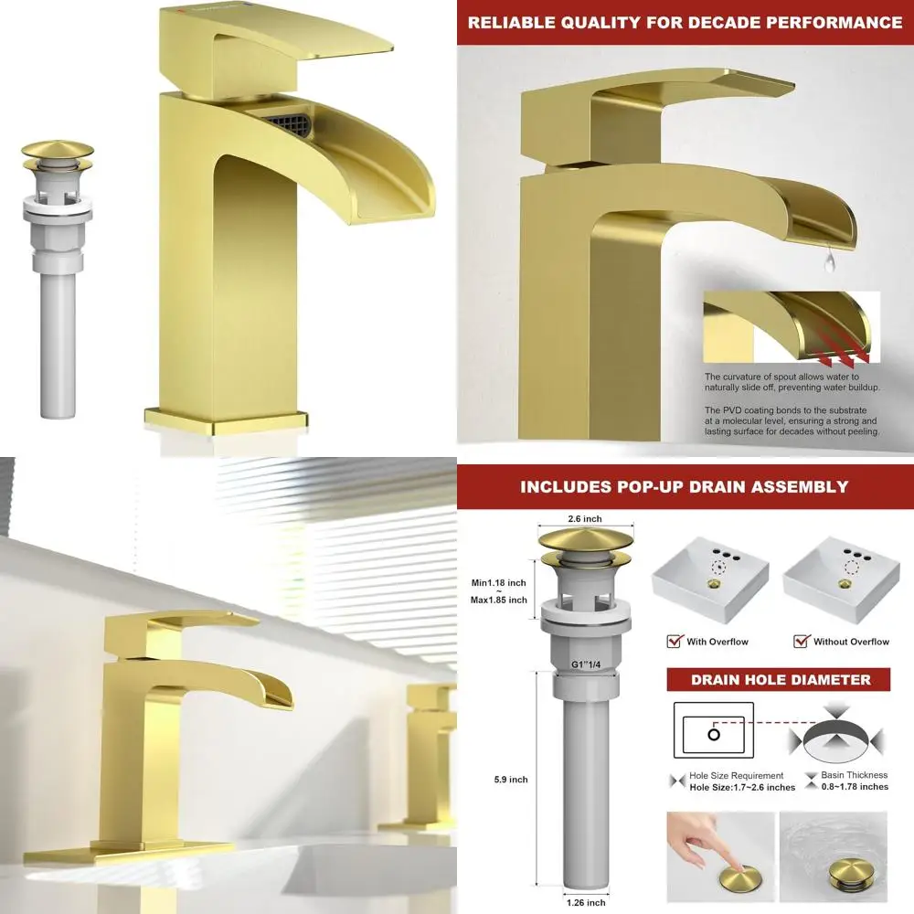 

Modern Single Handle Brushed Gold Waterfall Faucet with Pop-up Drain for 1-Hole Brass Sink in Lavatory, RV, and Farmhouse Styles