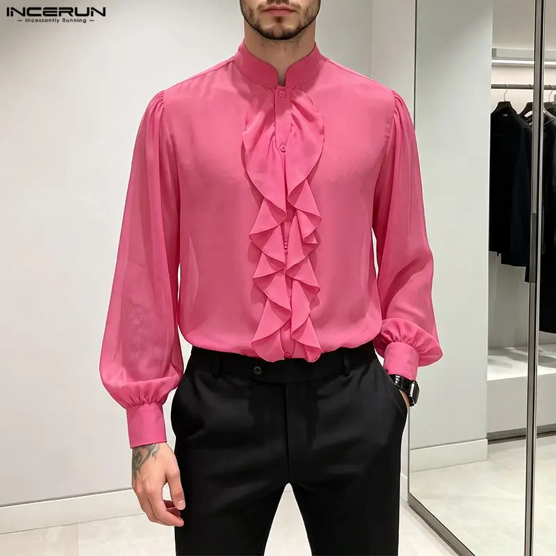 INCERUN Herrenhemd Einfarbig mit Kragen Langarm Rüschen Elegante Herrenkleidung Lose Streetwear 2026 Modische Freizeitoberteile für Männer