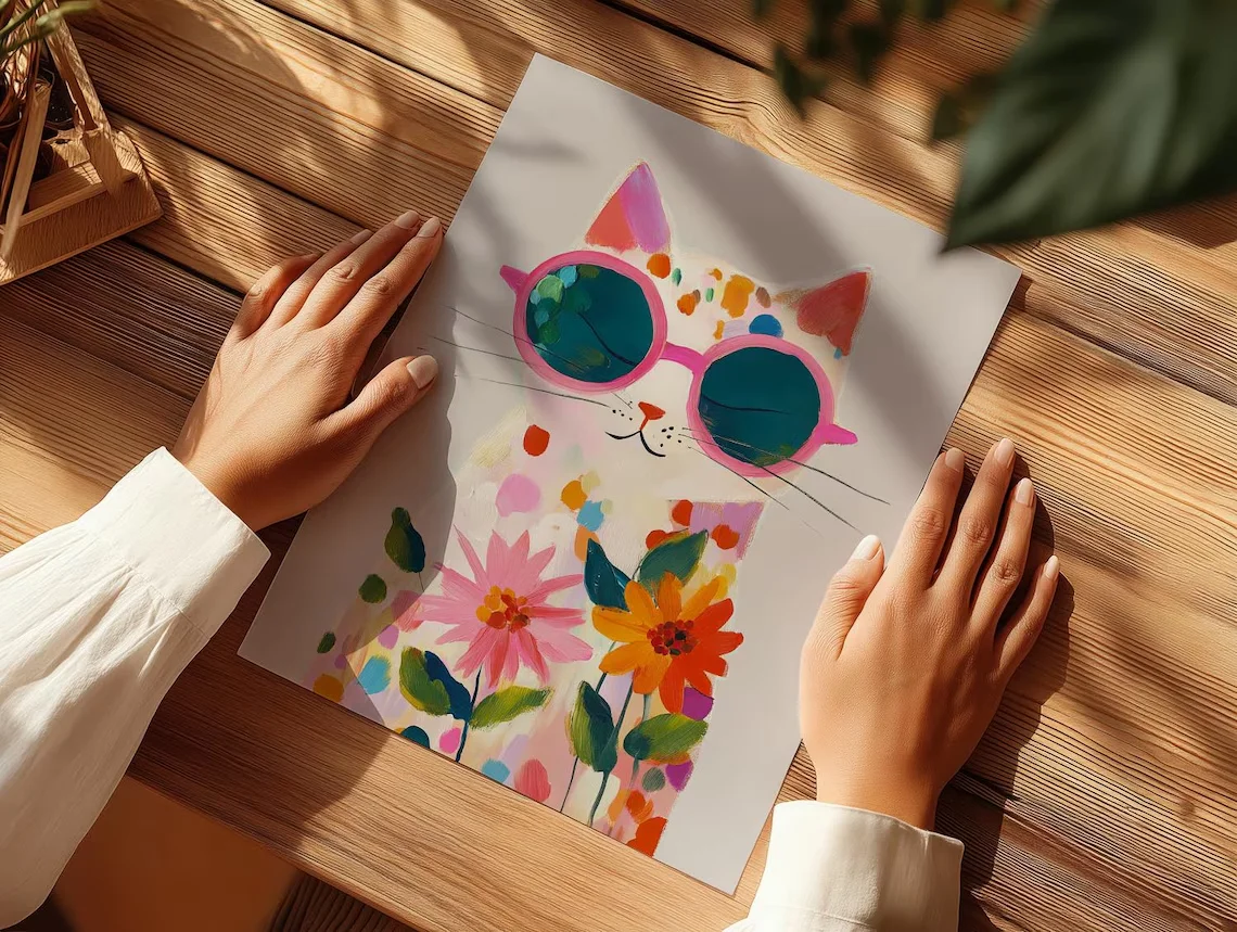 “Colorful Boho Cat Wall Art: Playful Polka Dot Kitten in Pink Sunglasses with Floral Accents – Vibrant Abstract Watercolor Print view 6