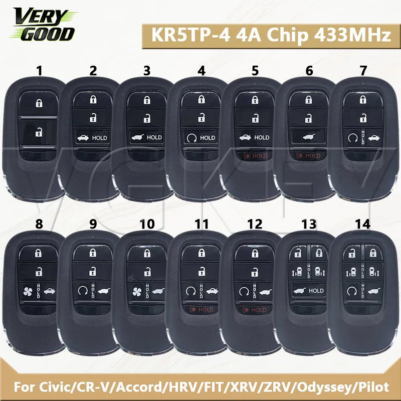 

VG Smart Remote Car Key For Civic CR-V Accord HRV FIT XRV ZRV Odyssey Pilot 2022-2024 4A Chip 433MHz FCC:KR5TP-4 Keyless Go