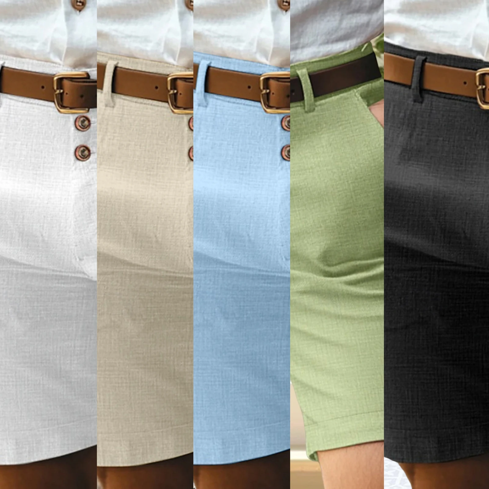 

Легкие мужские шорты. Стильные мужские однотонные шорты со средней посадкой и карманами для летней одежды. Прямые брюки на пуговицах и молнии.