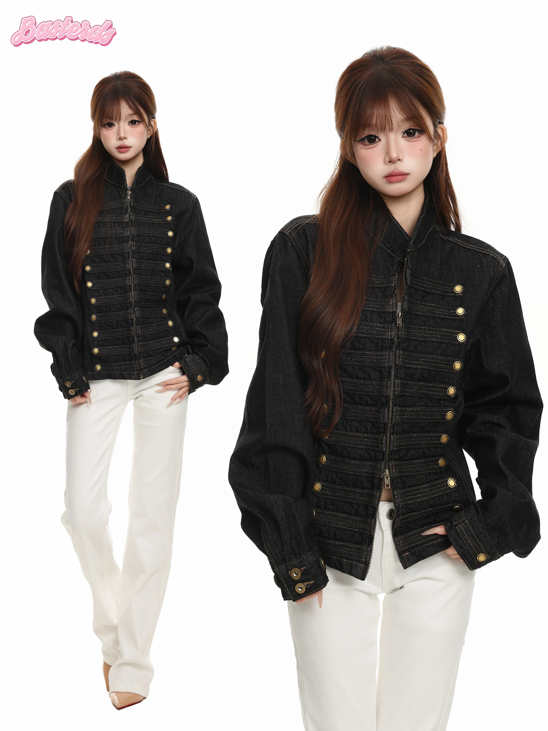 BASTERDS American Retro Napoleon Double Row Button Stand Collar Denim Jacket Women's Autumn Slimming Versatile Jacket