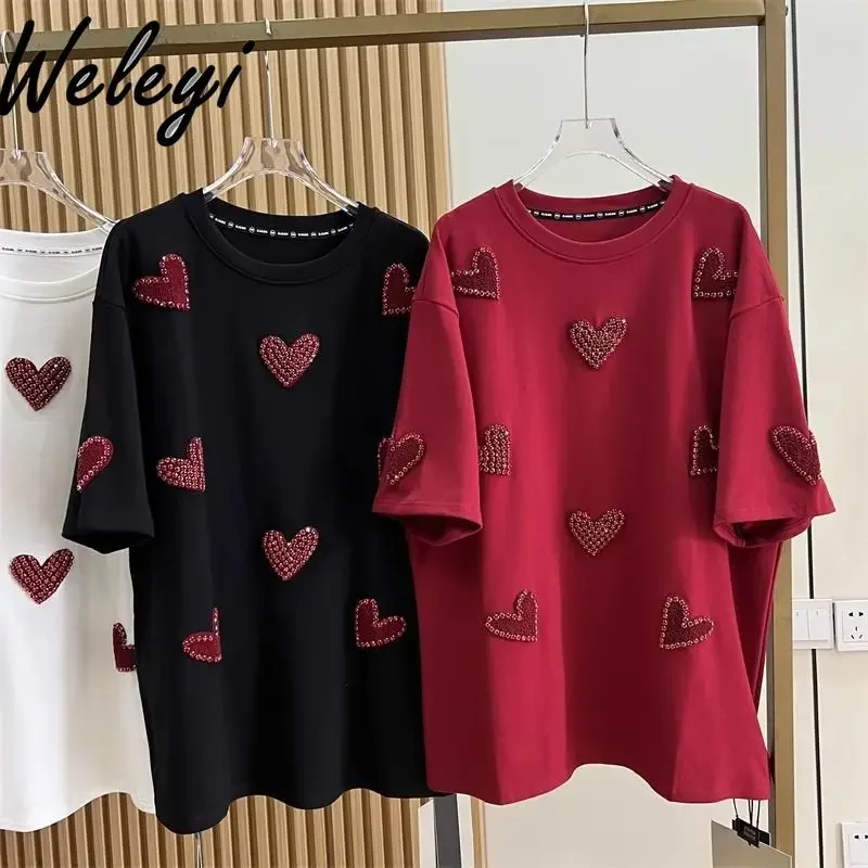 Woman Rhinestones 3D Love Towel Embroidered T-shirt Oversize 2024 Spring and Autumn New Women Short Sleeve Bottoming Tshirt Top