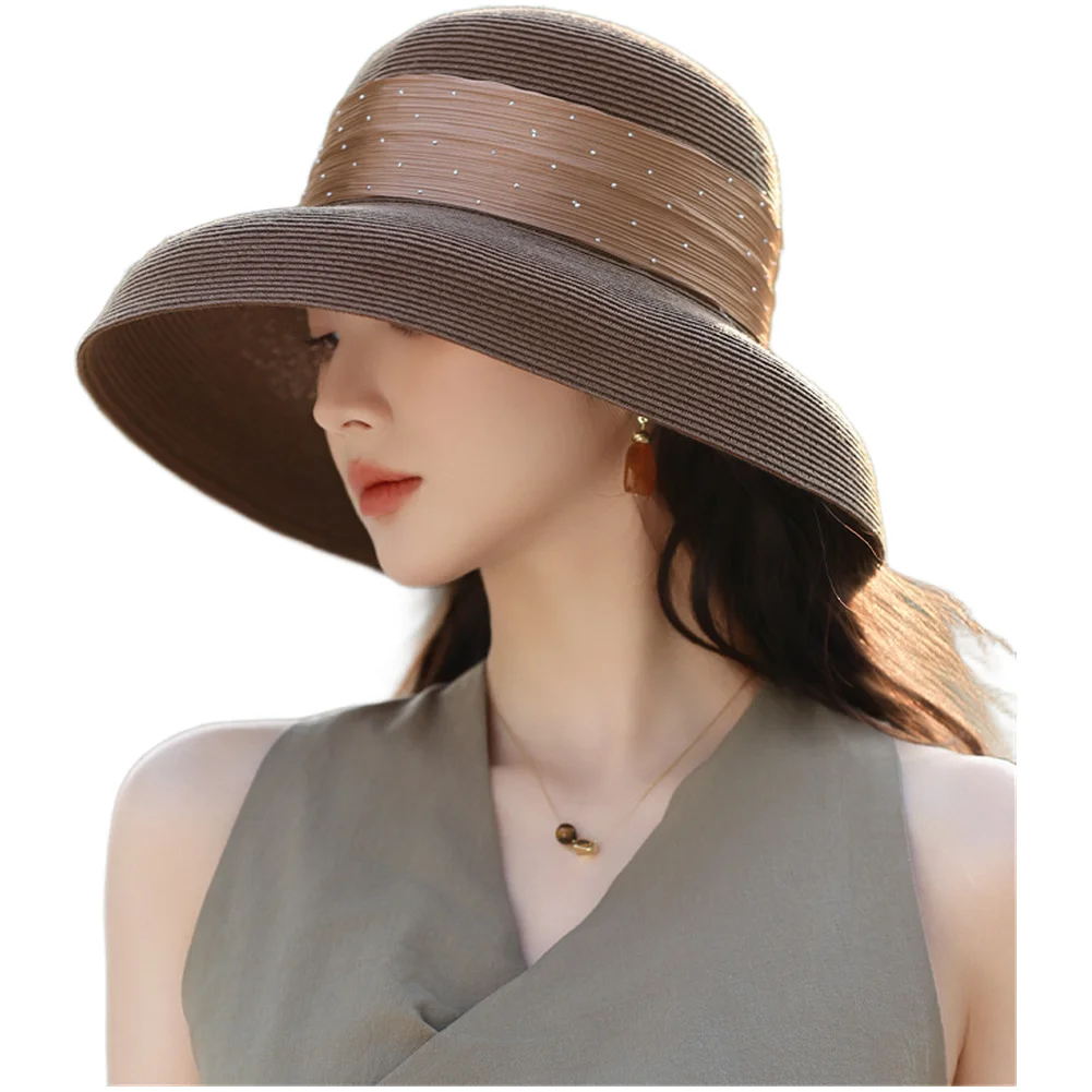 Women\'s Wide Brim Raffia Sun Hat - Lightweight Foldable Straw Hat with Sparkle Ribbon for Beach Outdoor Summer Travel Use