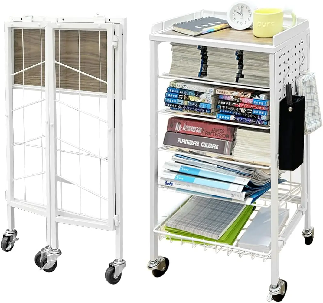 Lumizone Foldable Book Cart 6-Tier Large Capacity Bookshelf Single Sided V-Shaped Sloped Shelves With Brake Wheels With