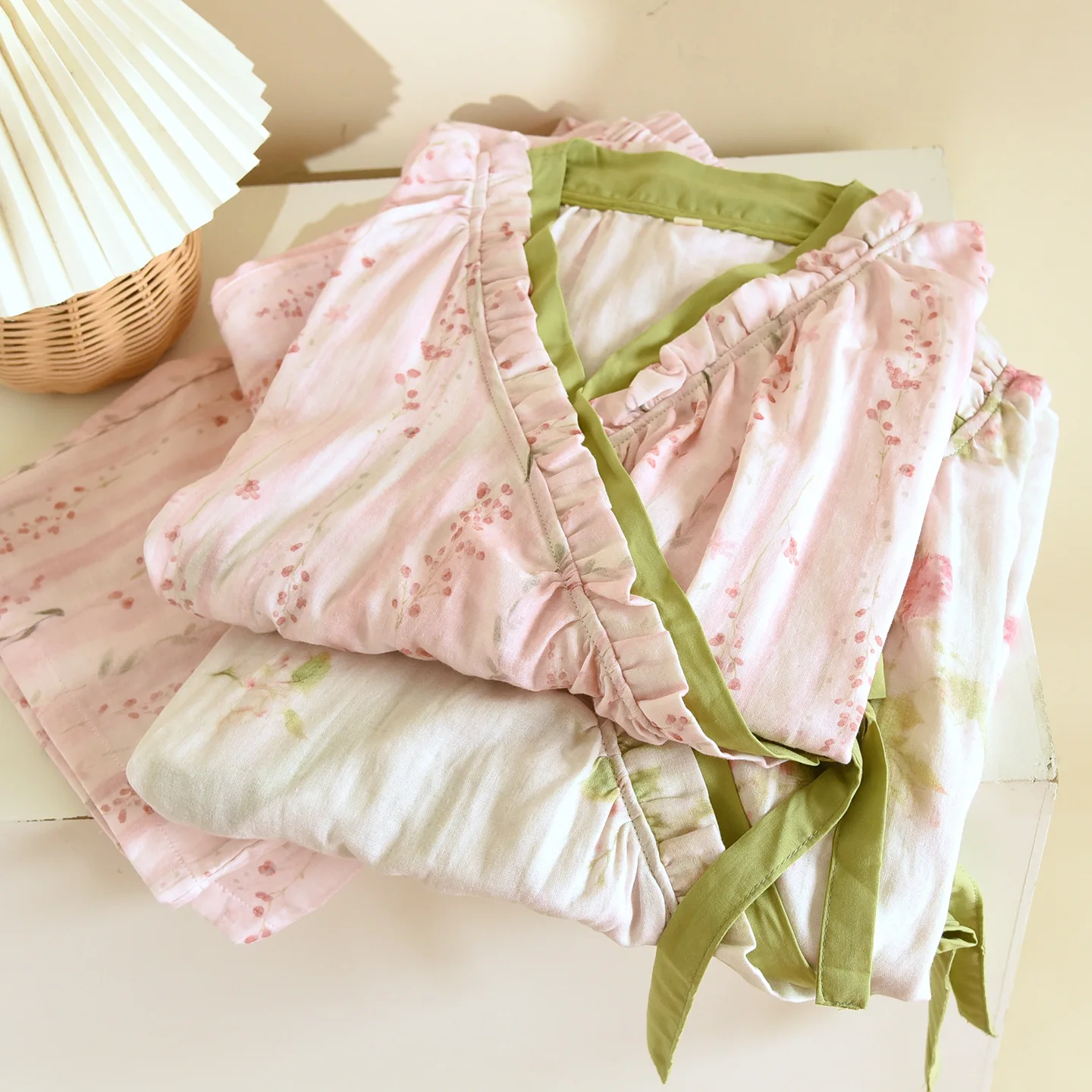 Japanese Kimono Style Women Cotton Gauze Pajamas Pink Garden Tie Waist Lightweight Long Sleeve Loungewear Set Spring Autumn