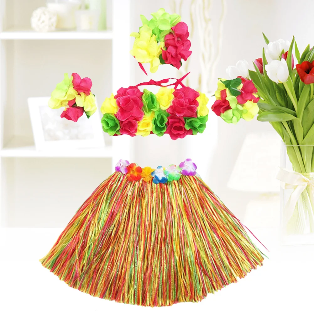 5 قطع الاستوائية حولا العشب تنورة مجموعة هاواي ملابس رقص مع زهرة مشرقة اكسسوارات لحفل الزفاف 40 سنتيمتر الملونة #2