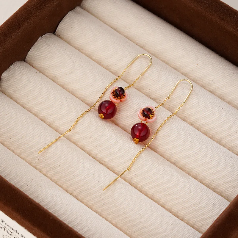 

Серьги-гвоздики из серебра 925 пробы, золотые капли, красные бусины, кисточка с цветком сливы, элегантные для женщин и девочек, подарок, ювелирные изделия, дропшиппинг, оптовая продажа