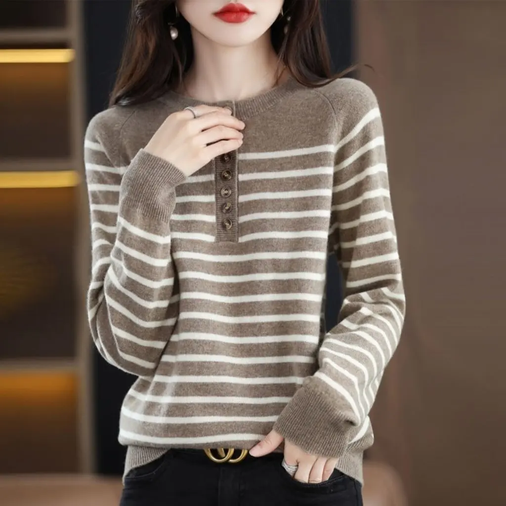 

Women's round Neck Striped Knitwear Short Bottoming Navy Style Autumn Winter Wool Elegant Top