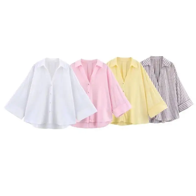 

Wide Sleeved Shirt Women Spring Asymmetric Hem Button Women's Simple Lady Johnny Collar Linen Shirts & Blouses