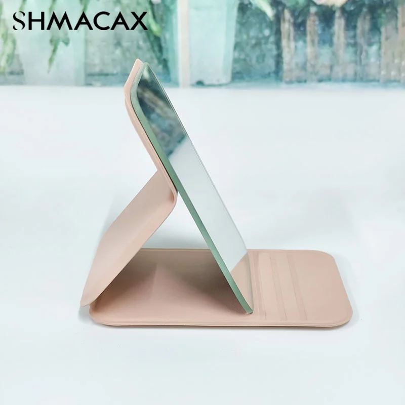 Desktop Makeup Mirror Solid Color PU Leather Simple Portable Handheld Makeup Mirror Foldable Student Compact Cute Pocket Mirror