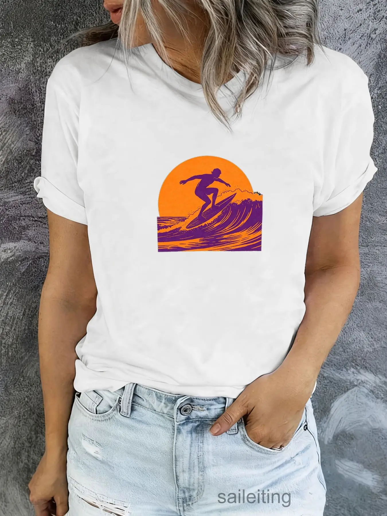 Retro 80s Surf T-Shirt Men Women Vintage Wave Silhouette Orange Sun Moon Print Short Sleeve Summer Casual Tee Gift