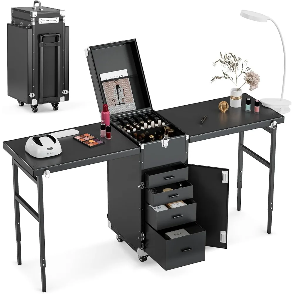 Manicure Table Makeup Station w/Speaker, Portable Nail Desk for Nail Teach, Foldable Traveling Nail Desk Organizer Cart