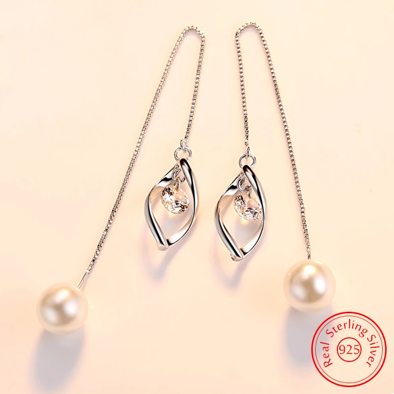 Real 925 Sterling Silver High Quality Jewelry Crystal Long Chain Hollow Leaf Pearl Drop Earrings For Woman Trendy New XY0087