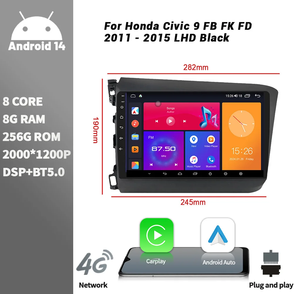 

Android Bluetooth Wireless CarPlay Screen Stereo Car Radio Multimedia Player Navigation For Honda Civic 9 FB FK FD 2011 - 2015