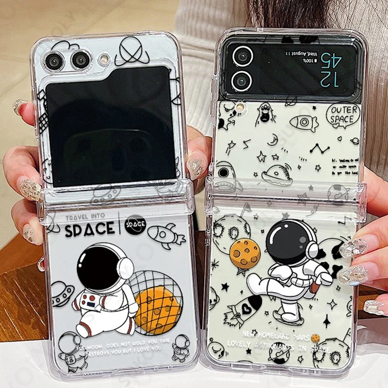 

For Samsung Galaxy Z Flip5 Flip6 Case Cartoon Astronaut Pattern Folding Transparent Hard Cover For Samsung Galaxy Z Flip 6 5 4 3