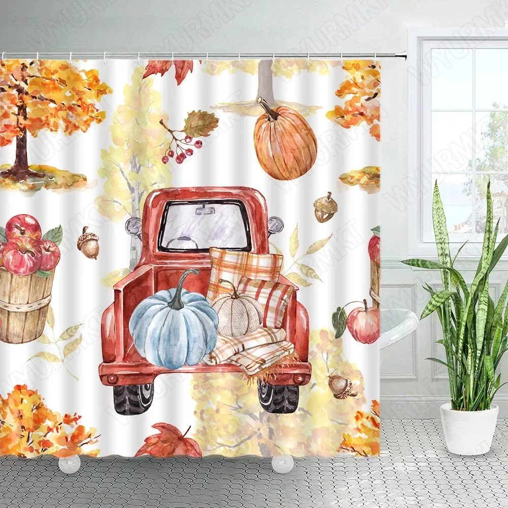 Fall Shower Curtain Farm Pumpkin Maple Leaves Sunflower Haystack Autumn Scenery Thanksgiving Bath Curtains Fabric Bathroom Decor