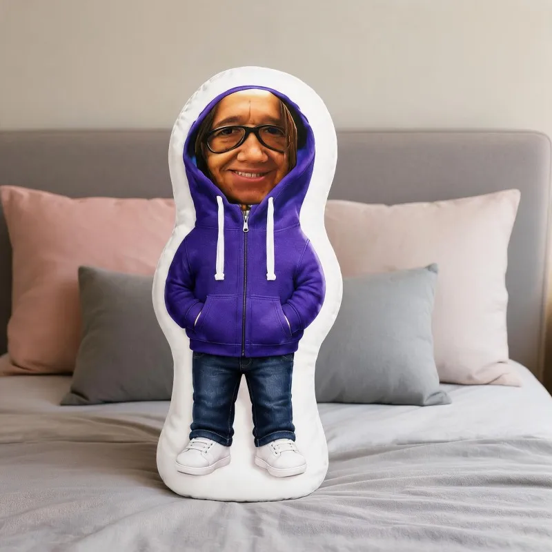 Custom Face Funny Shaped Pillow, Purple Hoodie And Glasses Personalized Photo Decorative Cushion, Unique Home Decor Accent for S