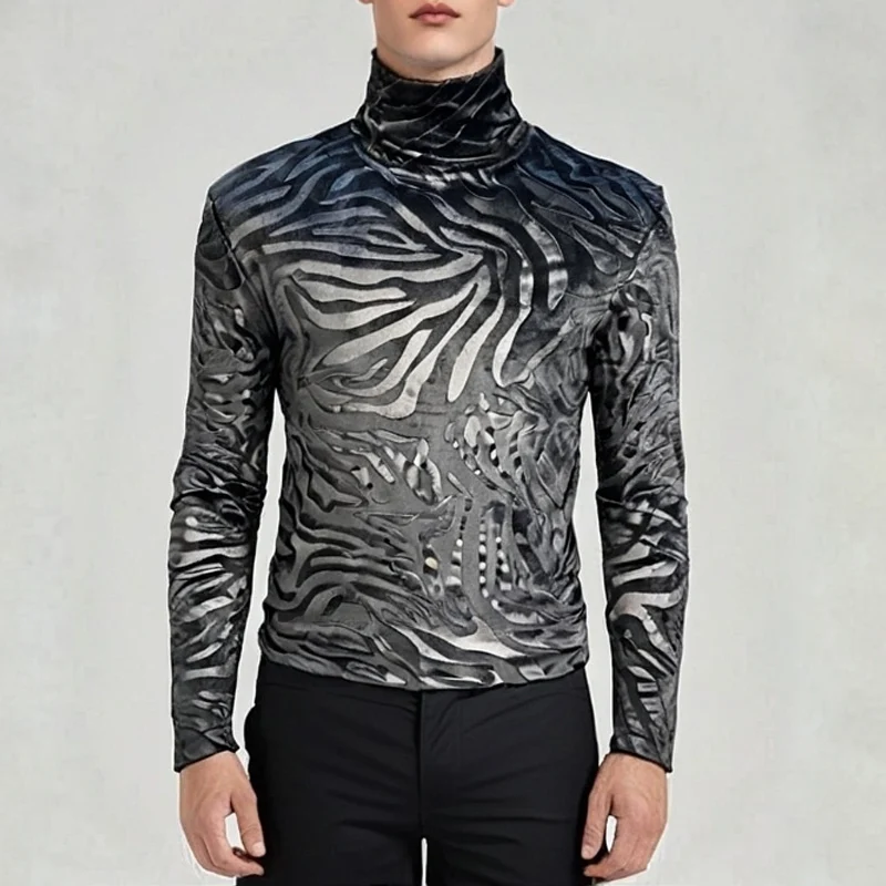 

Sexy Long Sleeve Leopard Print Velvet T Shirts for Man Night Club Slim Fit T-Shirt Autumn Winter Turtleneck Warm Bottoming Shirt