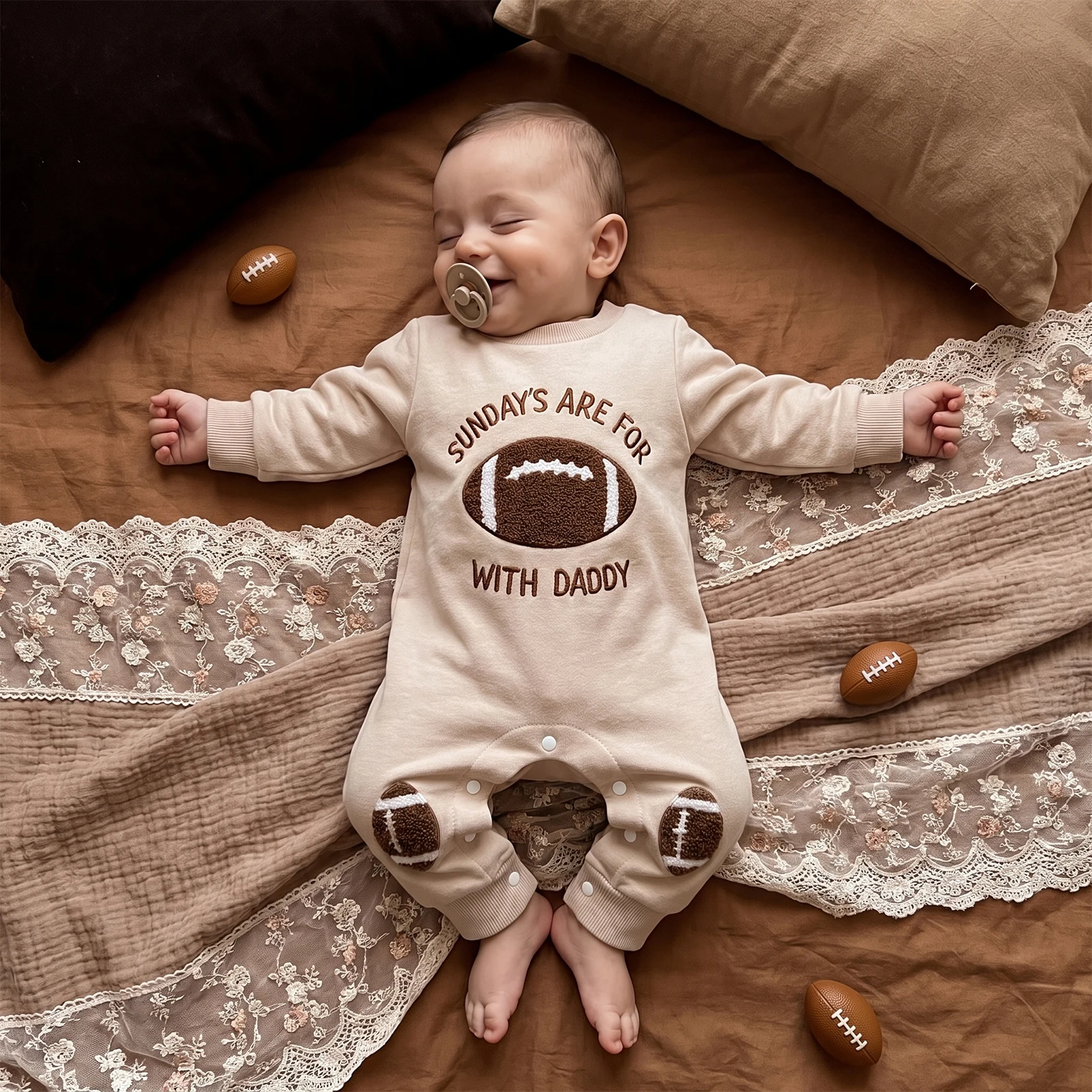 Baby Boy Fall Football Romper Embroidered Crew Neck Long Sleeve Jumpsuit
