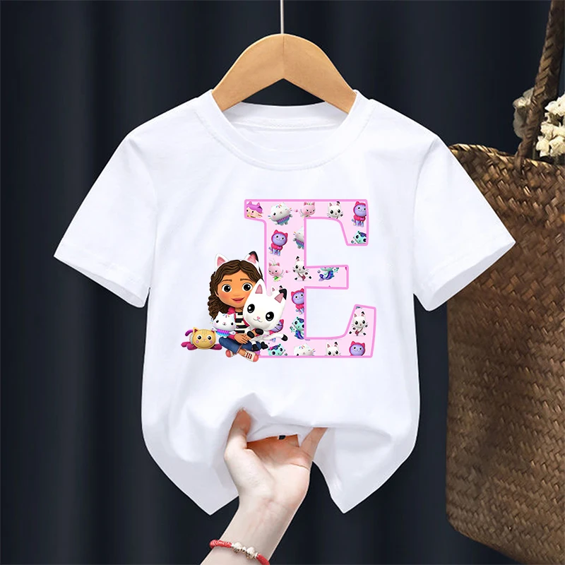 Gabby Dollhouses Girls T Shirt Short Sleeve Tops Children Cotton Summer Clothes Letter A-Z Cartoon Kids Cute Tee Birthday Gifts