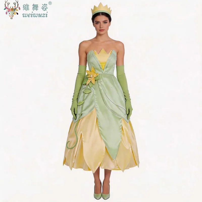 

Adult Women Tiana Cosplay Costume Elegant The Frog Princess Cosplay Dress Halloween Carnival Birthday Party Frock Ball Gowns