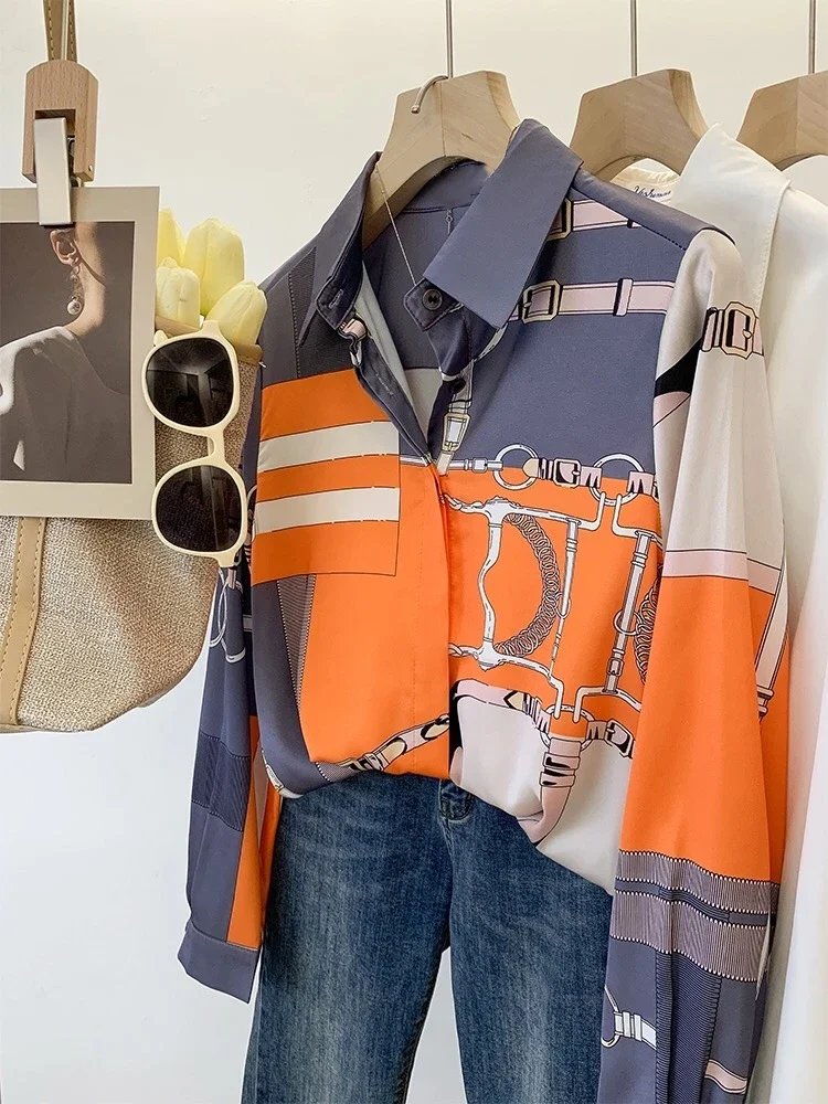 

Роскошный брендовый дизайн, имитация шелка, оранжевый, серый, весна-лето 2022, рубашка с длинными рукавами для женщин, элегантная модная женская верхняя одежда