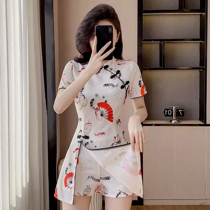 2025 Summer Fashion New Chinese Style Print Set Qipao Cheongsam Dress for Women Traditional Elegant Clothing with Free Shorts