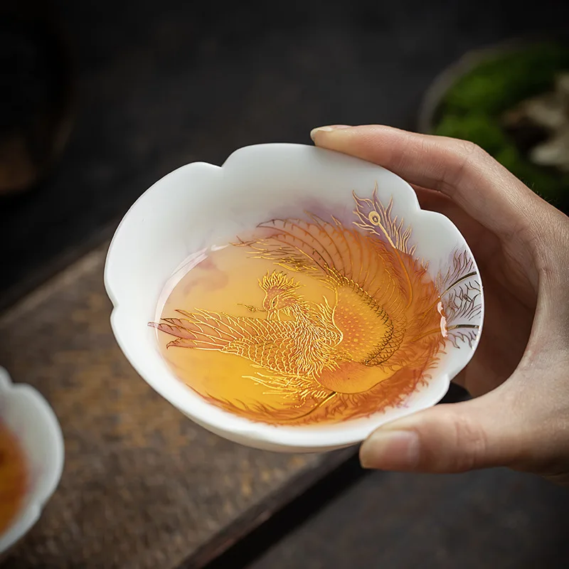 China-Chic Dragon Pattern Cup, Suet Jade White Porcelain Pile Gold Tea Cup Luxury Gold Dragon and Phoenix Cup Gift for The Owner