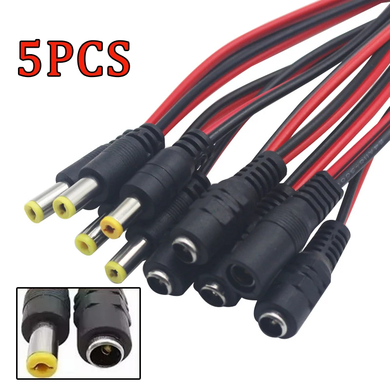 5Pcs 5.5x2.1mm Male Female Plug 12V DC Power Pigtail Cable Jack for CCTV Camera Connector Tail Extension 24V DC Wire