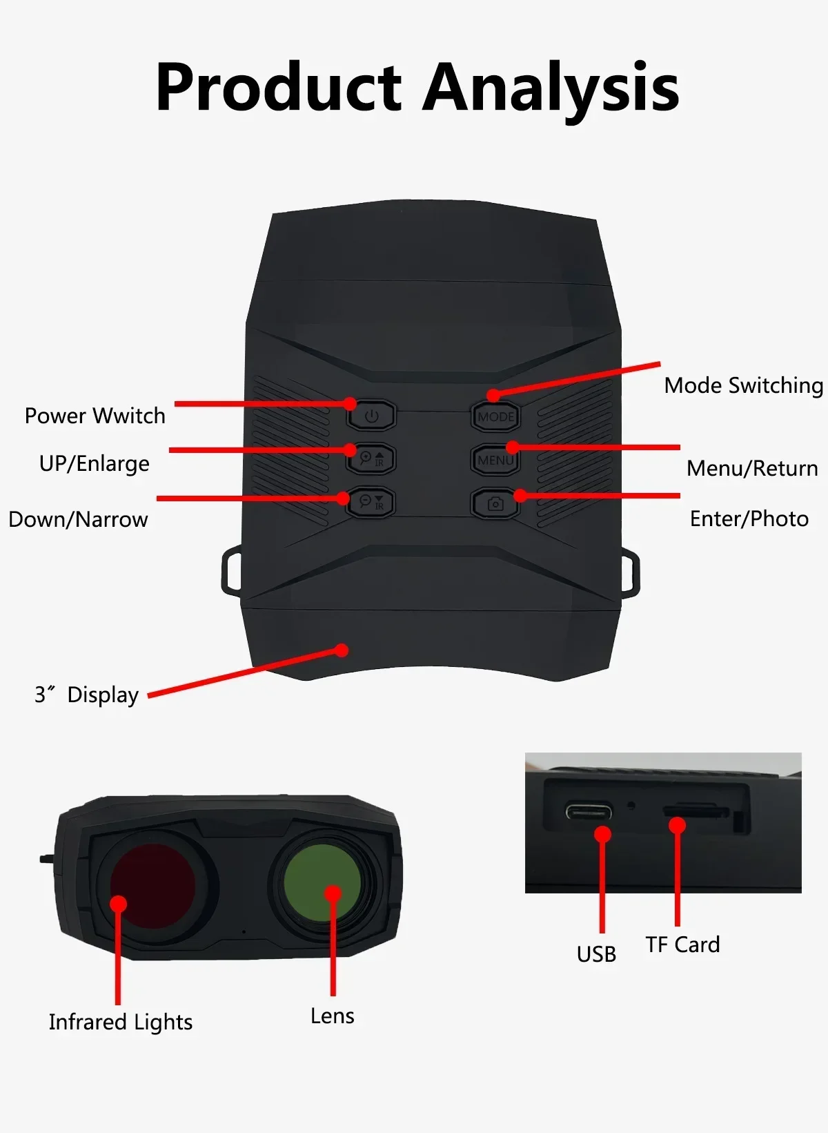 แสงน้อยสี 3 นิ้ว TFL 60MP 4K กลางแจ้ง HD Night Vision กล้องโทรทรรศน์ Night Observation กล้องส่องทางไกล Night Vision เครื่องมือ