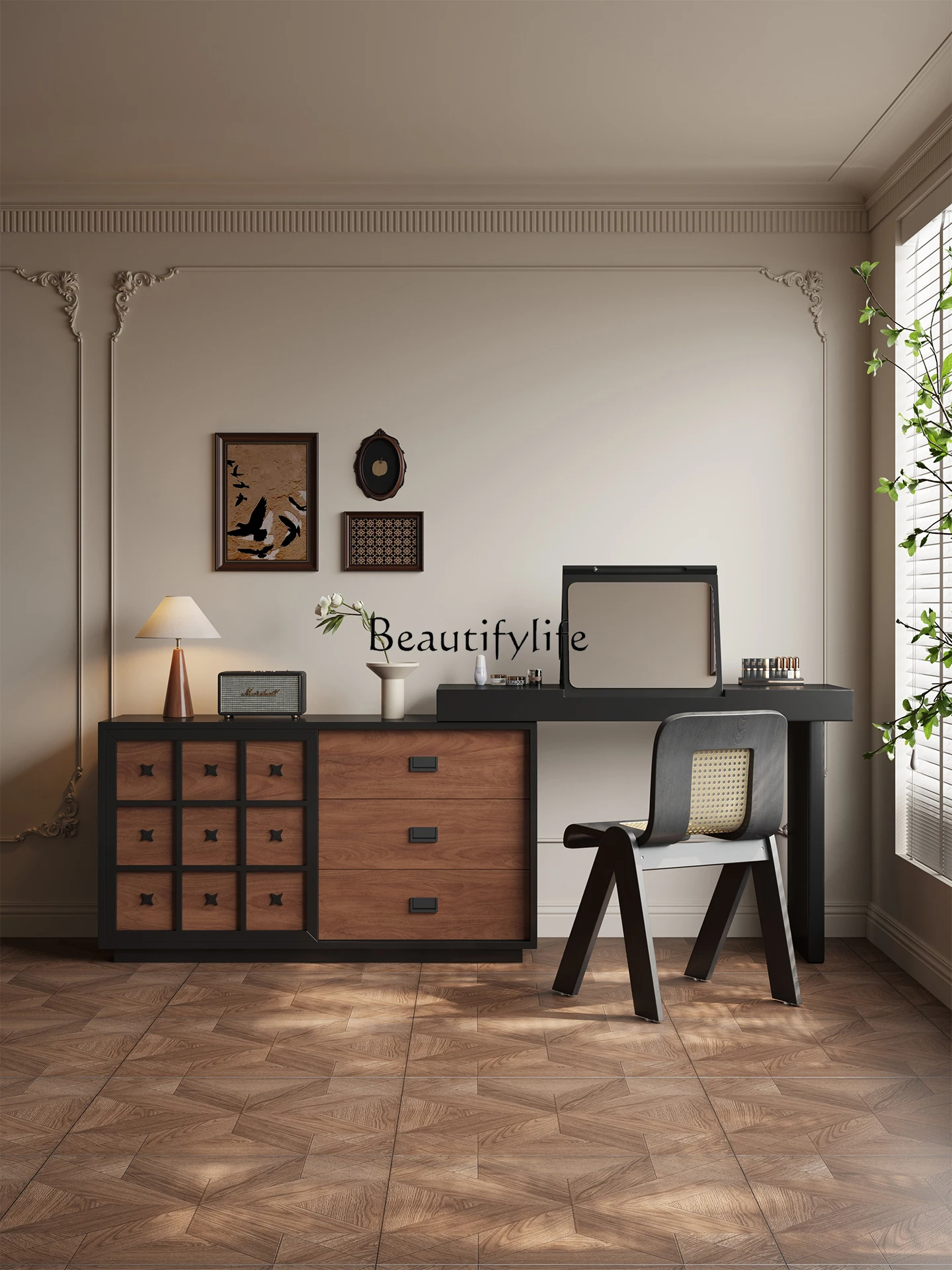 

**Flip mirror dresser chest cabinet integrated retro style retractable corner solid wood cosmetic cabinet