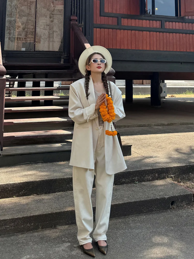 

LADYC Faionable Casual Pure Color Midi Length Suit Jaet Loose Fit oulder Widthened Versatile Sle Ladies' Commute Wind