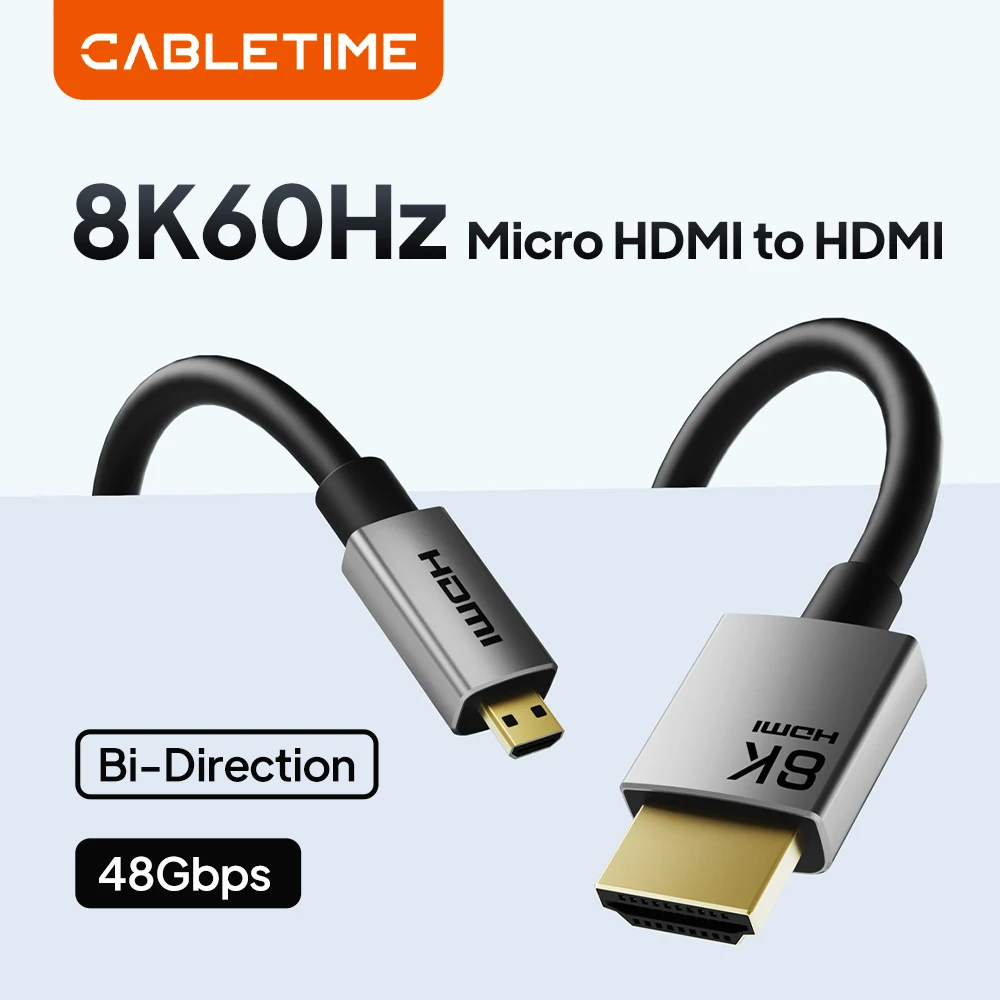 CABLETIME Micro HDMI Cable 2.1 8K/60Hz 3D Effect HD to Micro HDMI Adapter for Camera Laptop HDTV - High-Speed Data Transfer